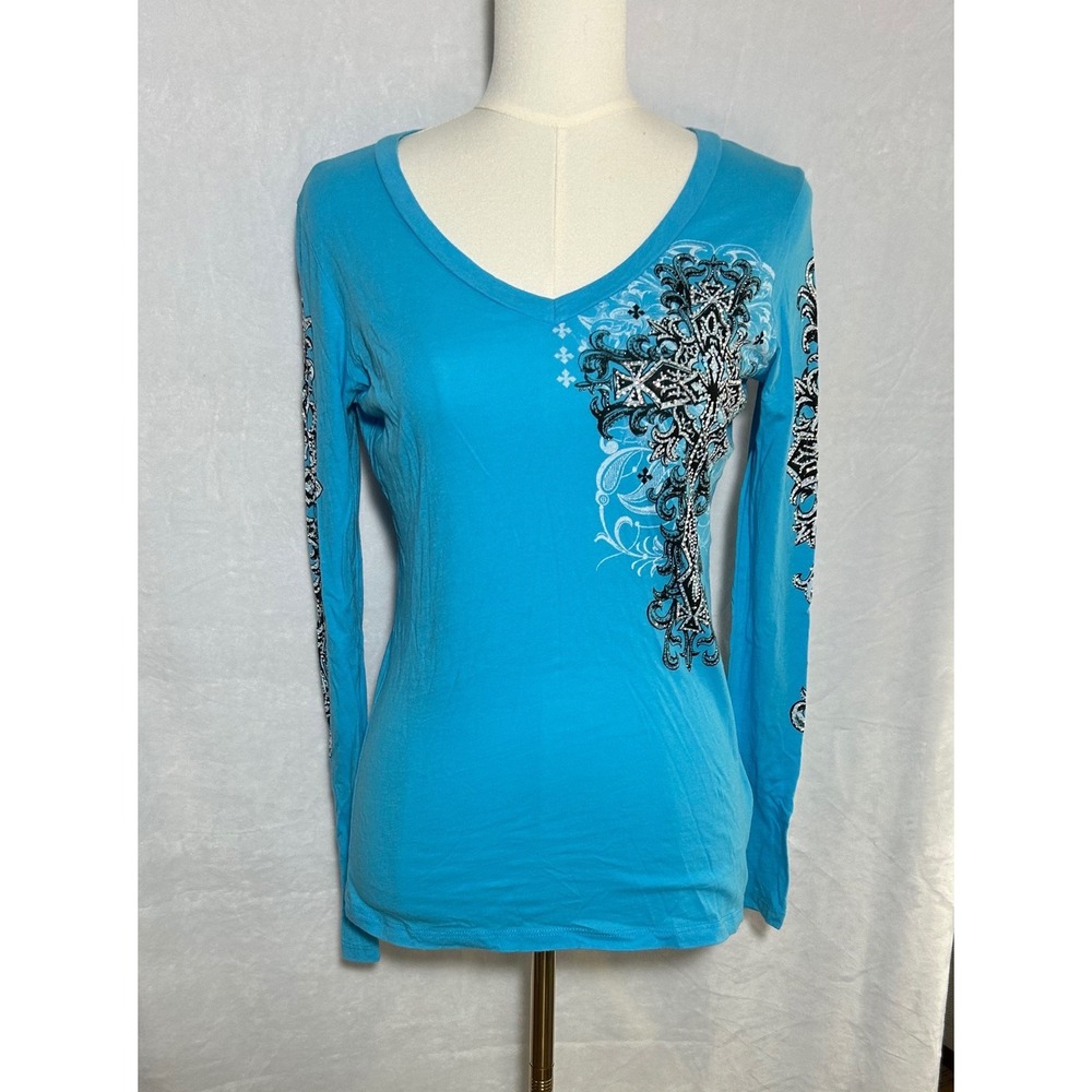 VOCAL Shirt Y2K Womens L Teal Cross Scrollwork Rhinestones Girly Goth Grunge USA
